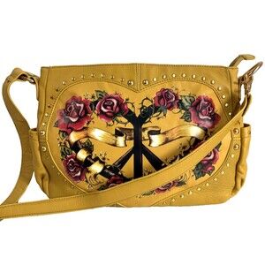 ISABELLA FIORE BAG Peace Love Roses design Yellow Leather Crossbody Purse RARE